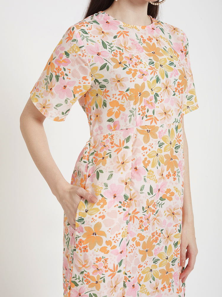 Luxury Cambric Digital Print Maxi Dress With Slash Pocket