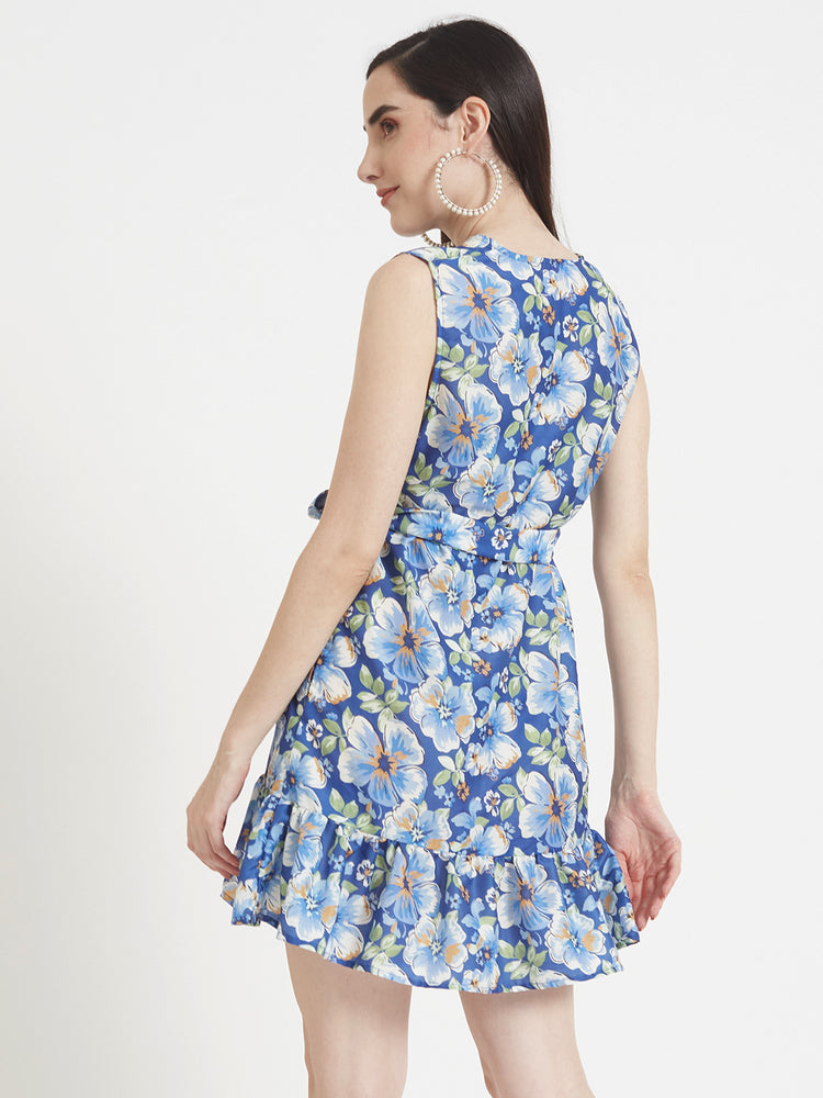 Premium Micro Digital Print V Neck Flare Dress With Slash Pocket