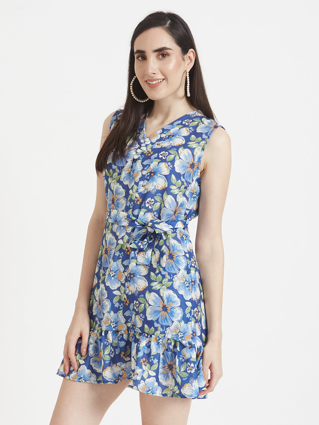 Premium Micro Digital Print V Neck Flare Dress With Slash Pocket