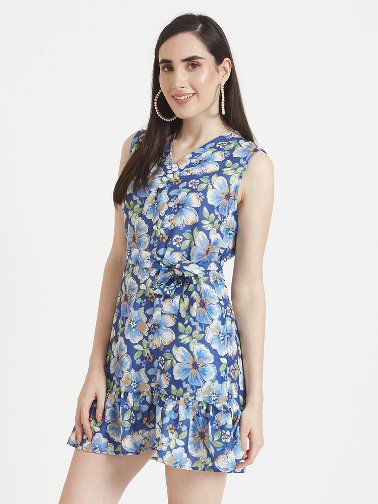 Premium Micro Digital Print V Neck Flare Dress With Slash Pocket