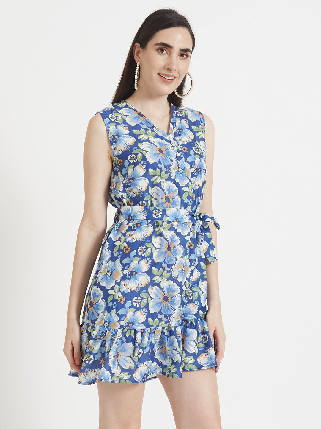 Premium Micro Digital Print V Neck Flare Dress With Slash Pocket
