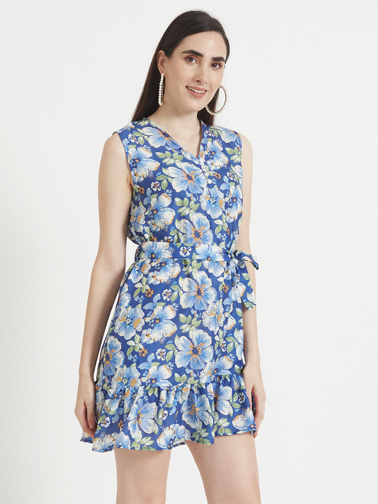 Premium Micro Digital Print V Neck Flare Dress With Slash Pocket