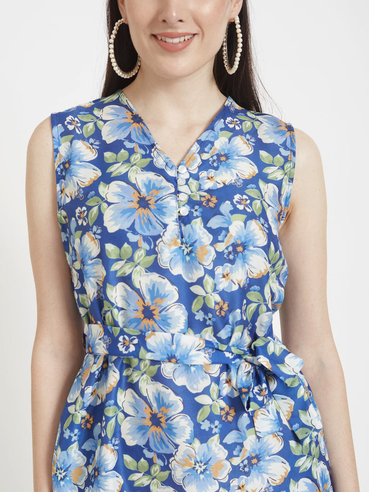 Premium Micro Digital Print V Neck Flare Dress With Slash Pocket