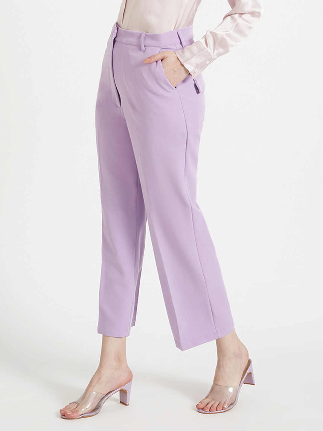 Women'S Luxury Banana Crepe Lilac Straight Fit Flap Pocket Trouser