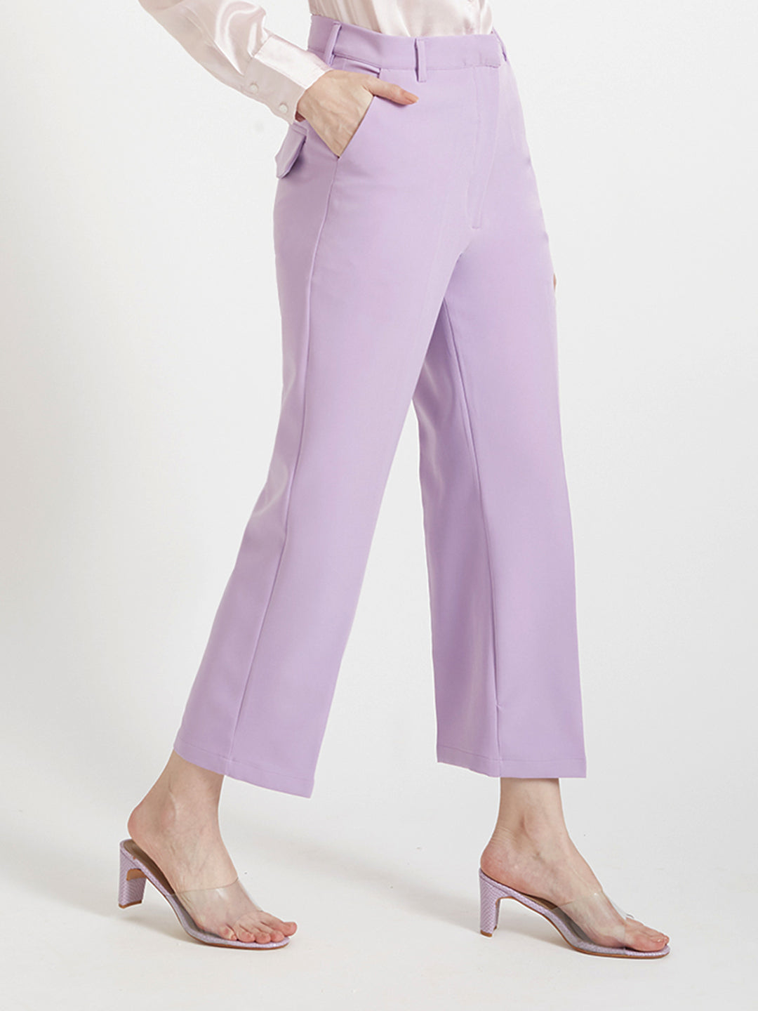 Women'S Luxury Banana Crepe Lilac Straight Fit Flap Pocket Trouser