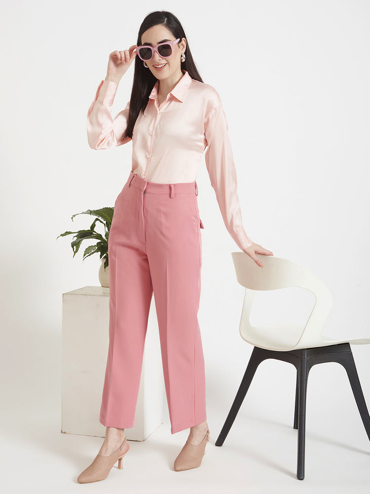 Women'S Luxury Banana Crepe French Rose Straight Fit Flap Pocket Trouser
