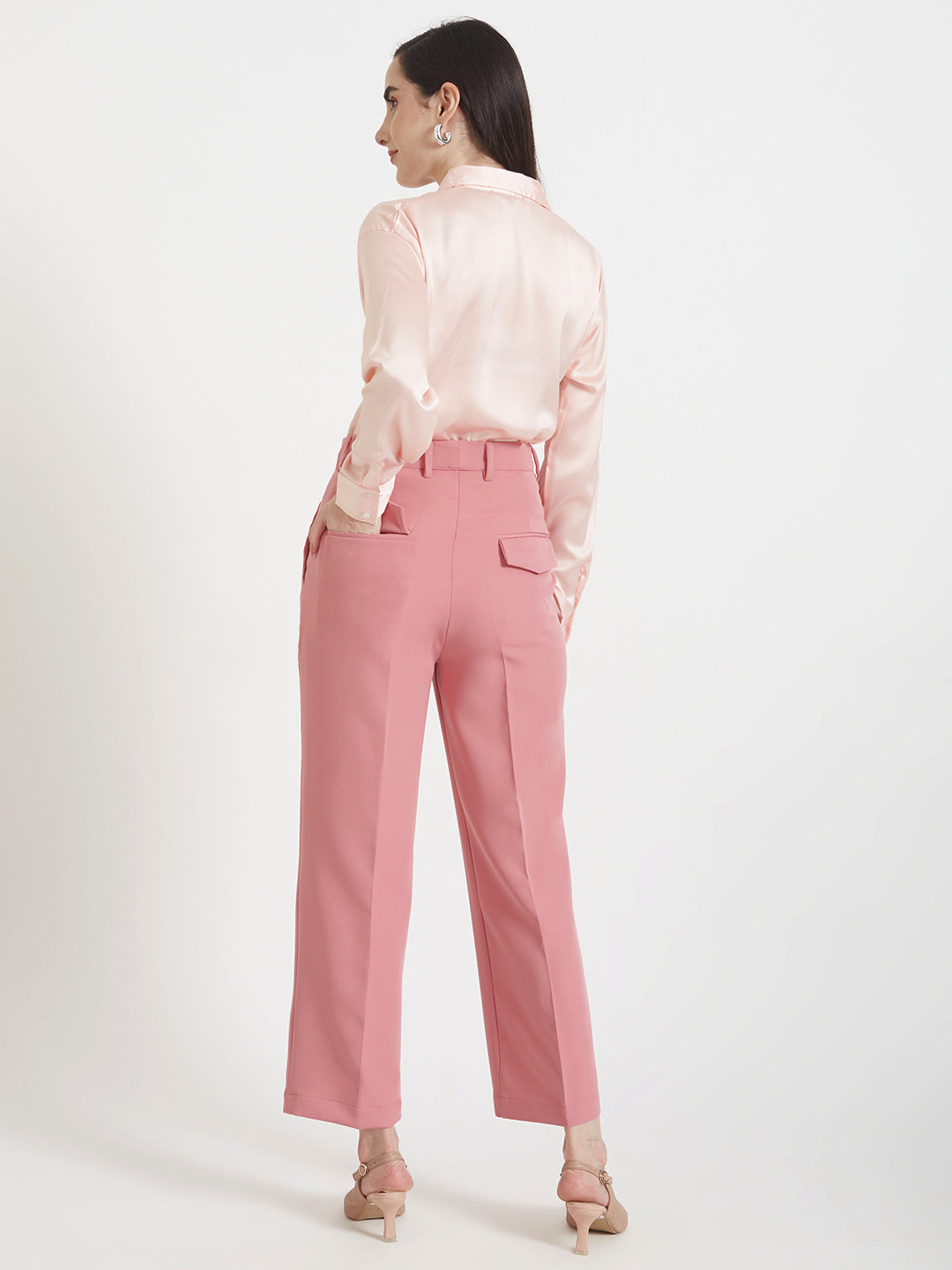 Women'S Premium Soft Pink Drop Shoulder Oversized Satin Shirt With Blush Pink Straight Fit Trouser