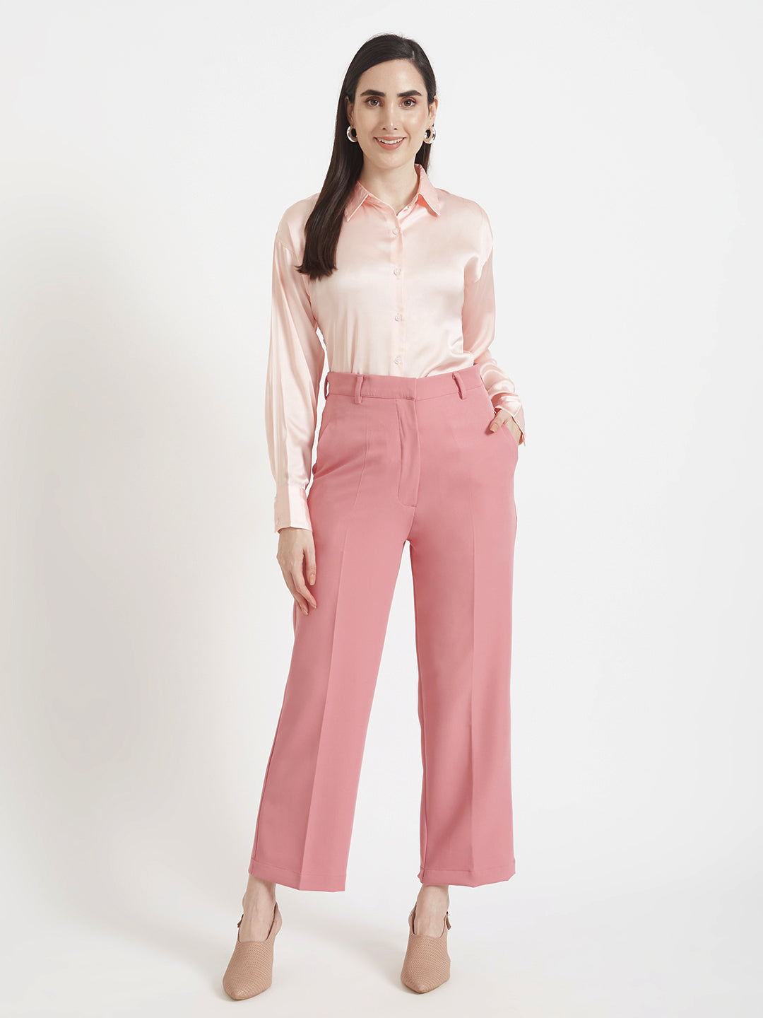 Women'S Luxury Banana Crepe French Rose Straight Fit Flap Pocket Trouser