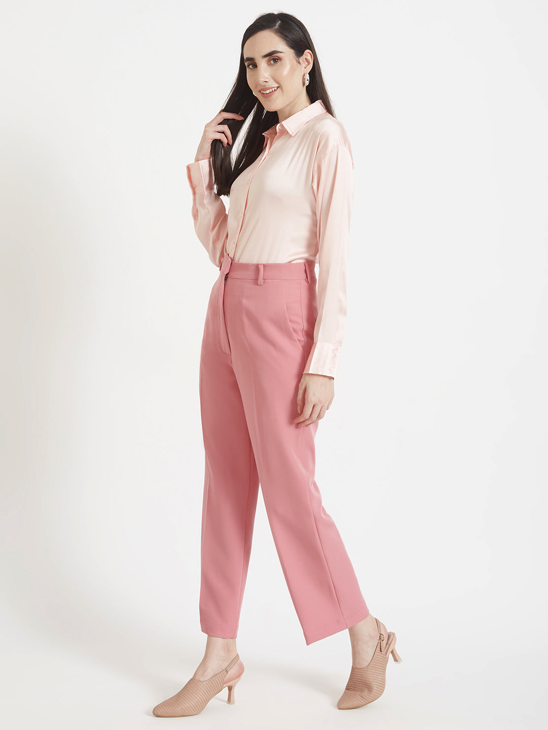 Women'S Premium Soft Pink Drop Shoulder Oversized Satin Shirt With Blush Pink Straight Fit Trouser