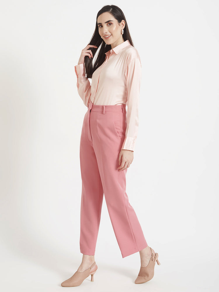 Women'S Premium Soft Pink Drop Shoulder Oversized Satin Shirt With Blush Pink Straight Fit Trouser
