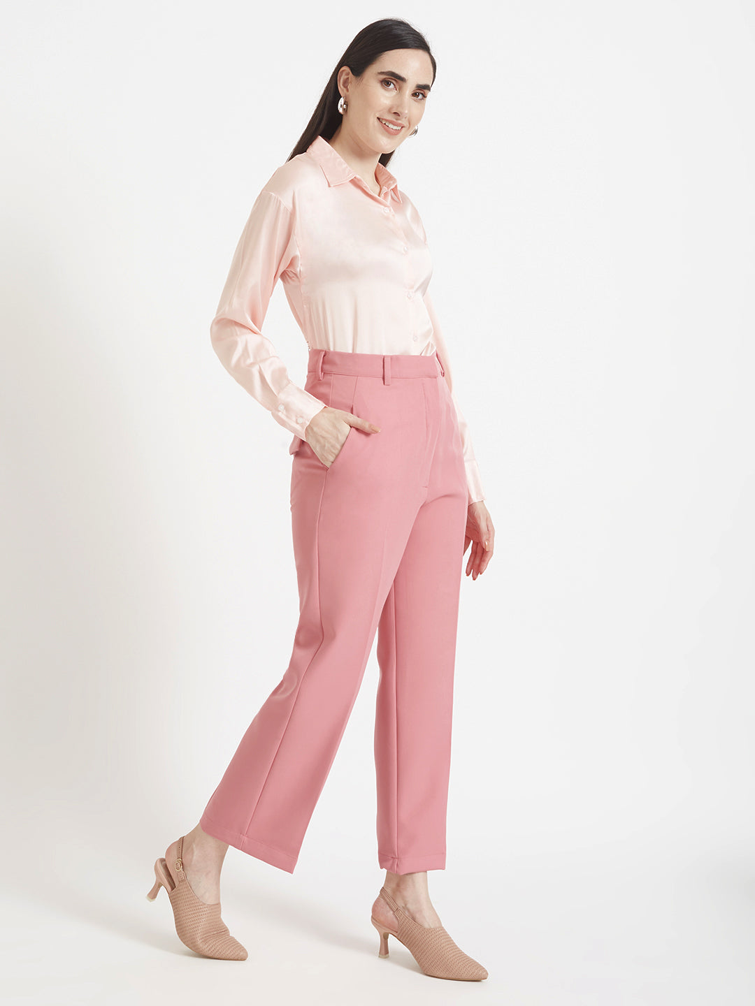 Women'S Premium Soft Pink Drop Shoulder Oversized Satin Shirt With Blush Pink Straight Fit Trouser