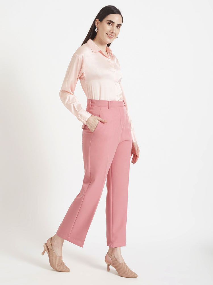 Women'S Premium Soft Pink Drop Shoulder Oversized Satin Shirt With Blush Pink Straight Fit Trouser