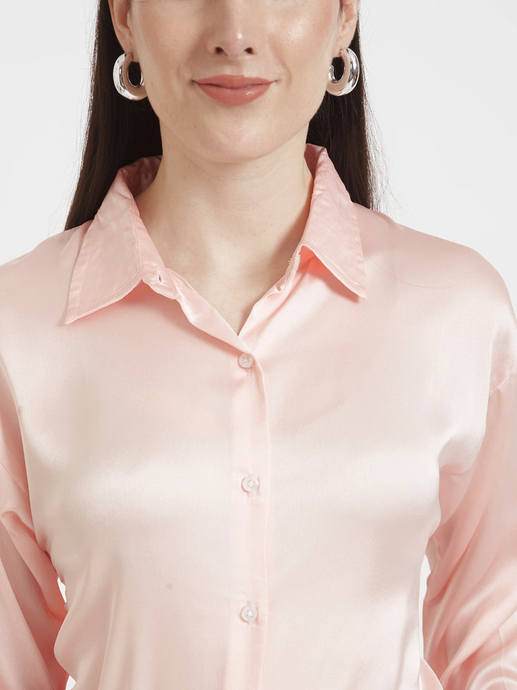 Women'S Premium Soft Pink Drop Shoulder Oversized Satin Shirt With Blush Pink Straight Fit Trouser
