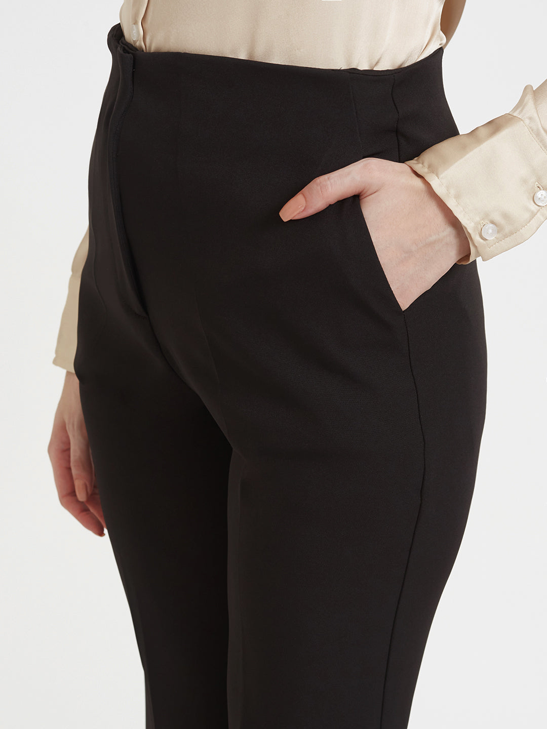 Women'S Premium Buff Drop Shoulder Oversized Satin Shirt With Black Flared Fit Trouser