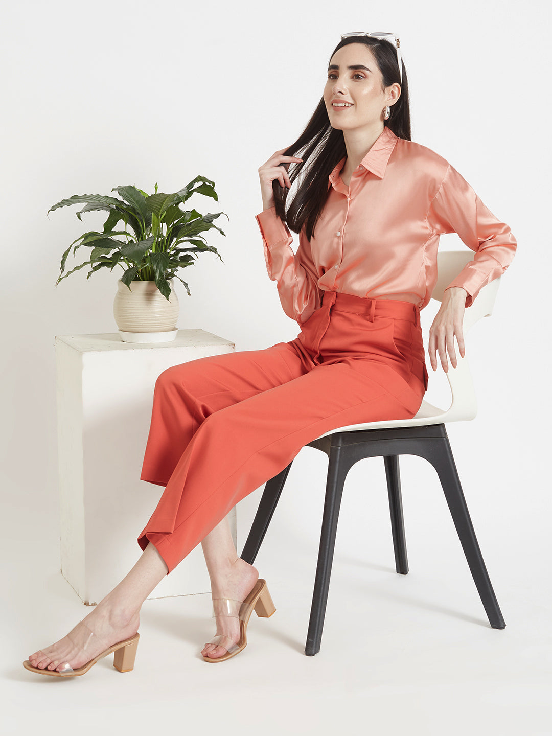 Women'S Luxury Banana Crepe Rust Red Straight Fit Flap Pocket Trouser