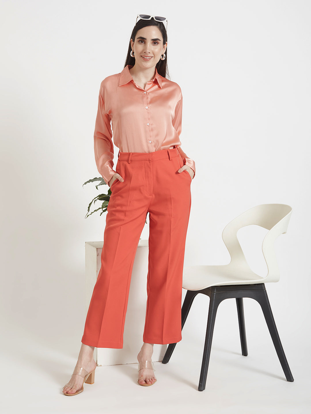 Women'S Luxury Banana Crepe Rust Red Straight Fit Flap Pocket Trouser