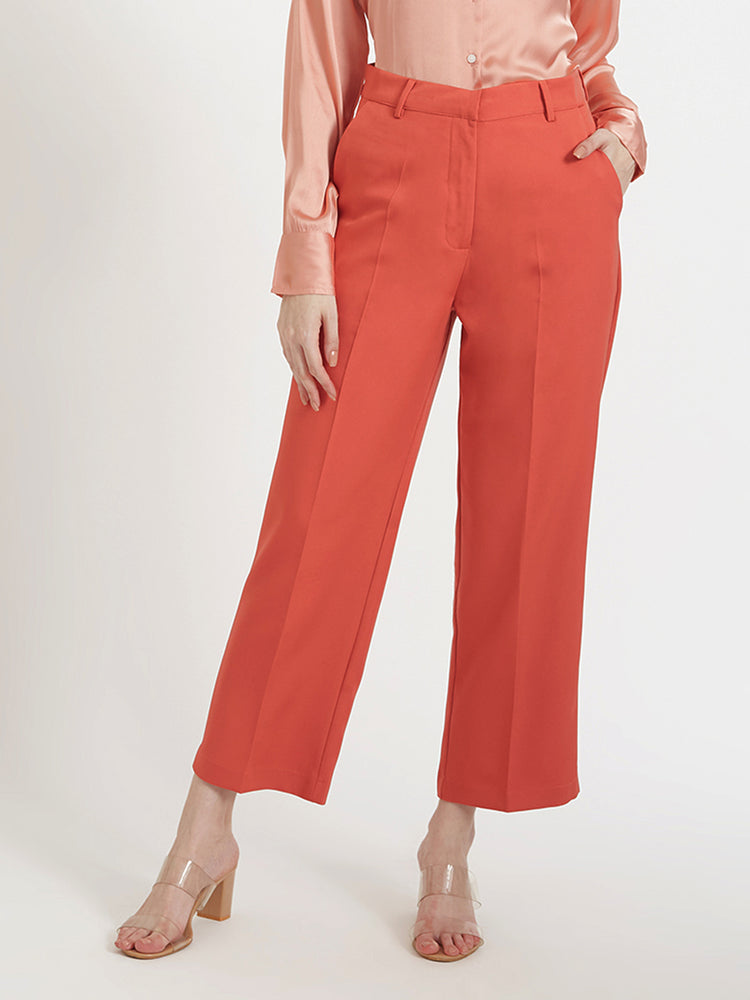Women'S Luxury Banana Crepe Rust Red Straight Fit Flap Pocket Trouser