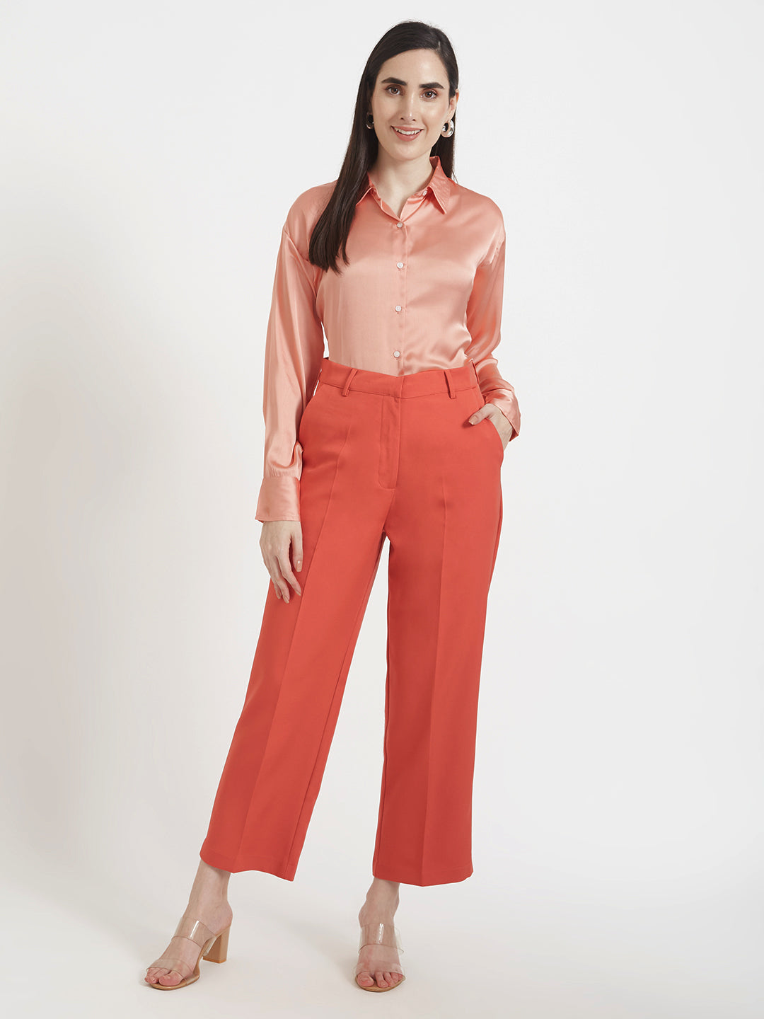 Women'S Luxury Banana Crepe Rust Red Straight Fit Flap Pocket Trouser