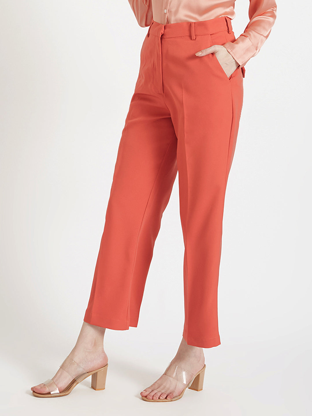 Women'S Luxury Banana Crepe Rust Red Straight Fit Flap Pocket Trouser
