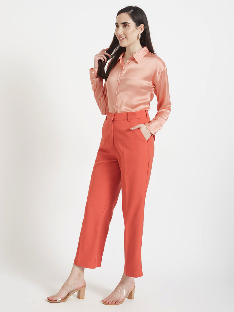 Women'S Premium Peachy Pink Drop Shoulder Oversized Satin Shirt With Coral Straight Fit Trouser