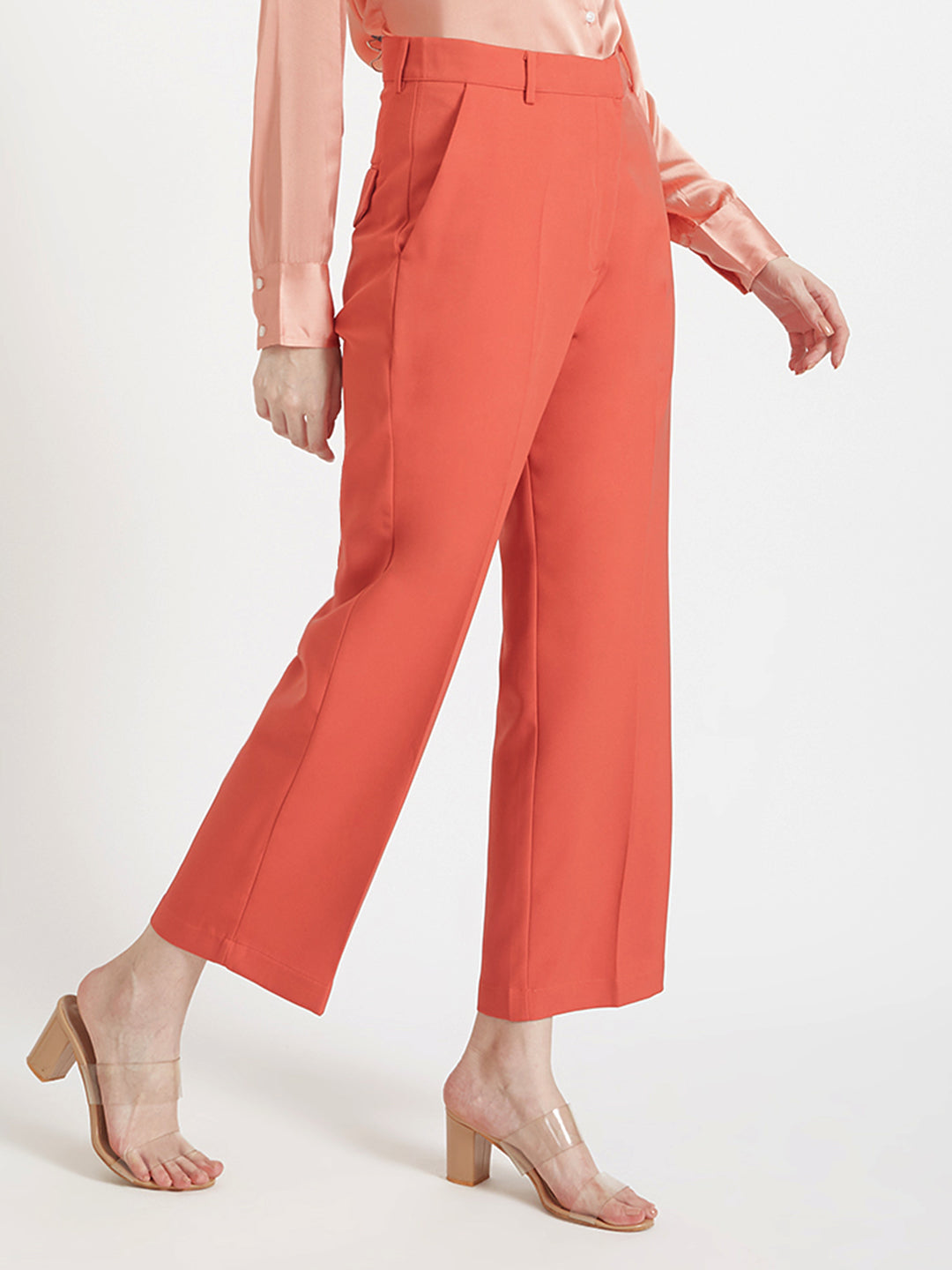 Women'S Luxury Banana Crepe Rust Red Straight Fit Flap Pocket Trouser