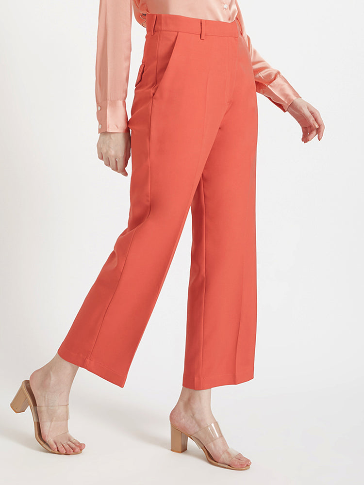 Women'S Luxury Banana Crepe Rust Red Straight Fit Flap Pocket Trouser