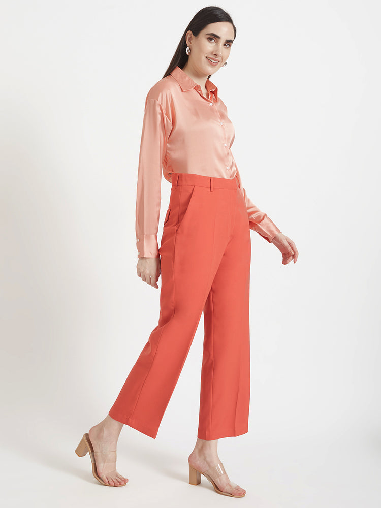 Women'S Premium Peachy Pink Drop Shoulder Oversized Satin Shirt With Coral Straight Fit Trouser