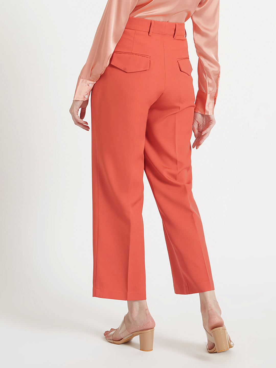 Women'S Luxury Banana Crepe Rust Red Straight Fit Flap Pocket Trouser