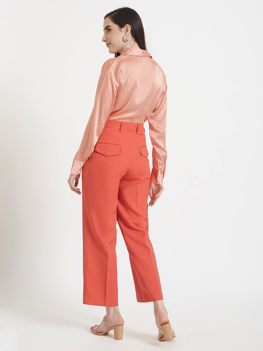 Women'S Premium Peachy Pink Drop Shoulder Oversized Satin Shirt With Coral Straight Fit Trouser