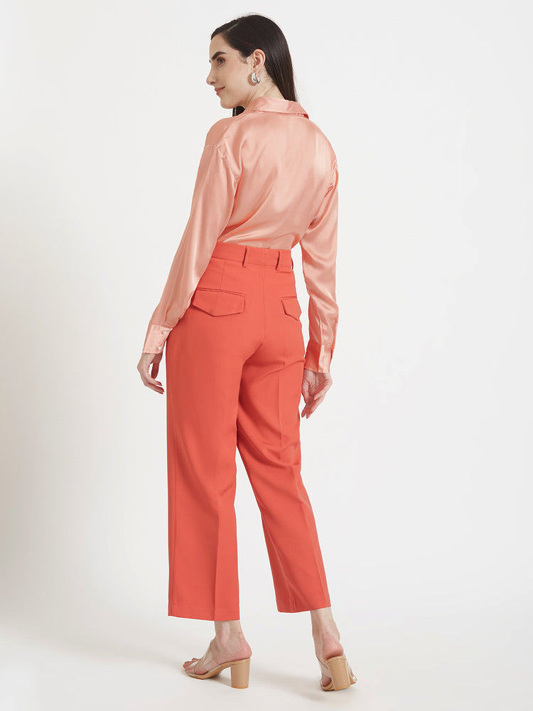 Women'S Premium Peachy Pink Drop Shoulder Oversized Satin Shirt With Coral Straight Fit Trouser