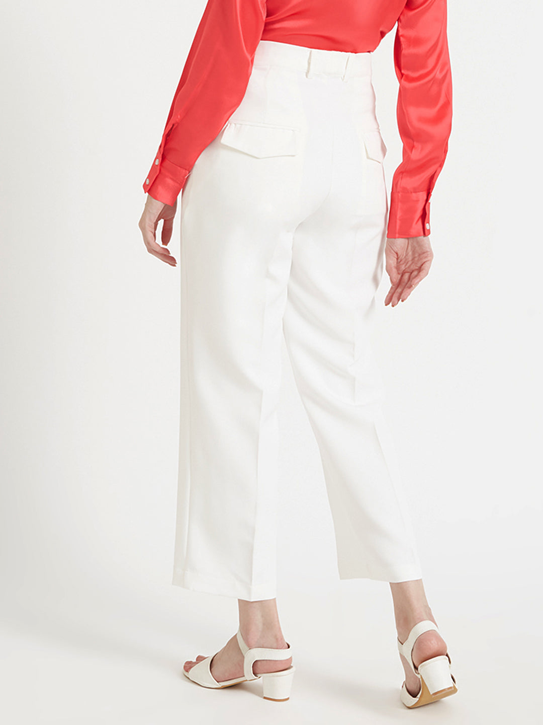 Women'S Luxury Banana Crepe Off White Straight Fit Flap Pocket Trouser