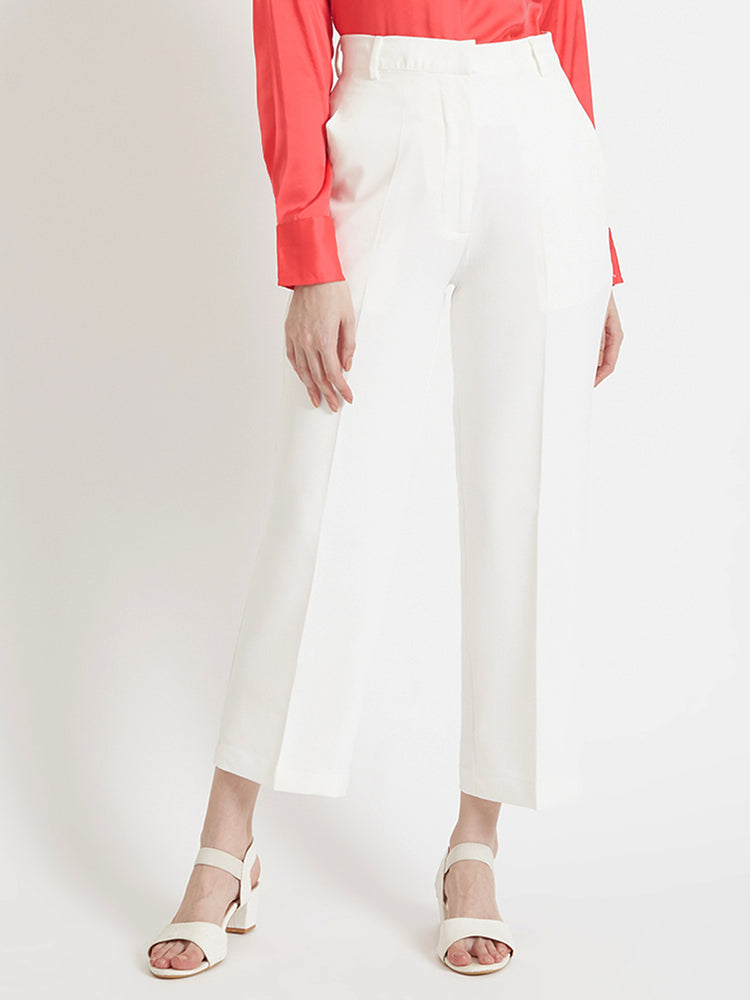 Women'S Luxury Banana Crepe Off White Straight Fit Flap Pocket Trouser