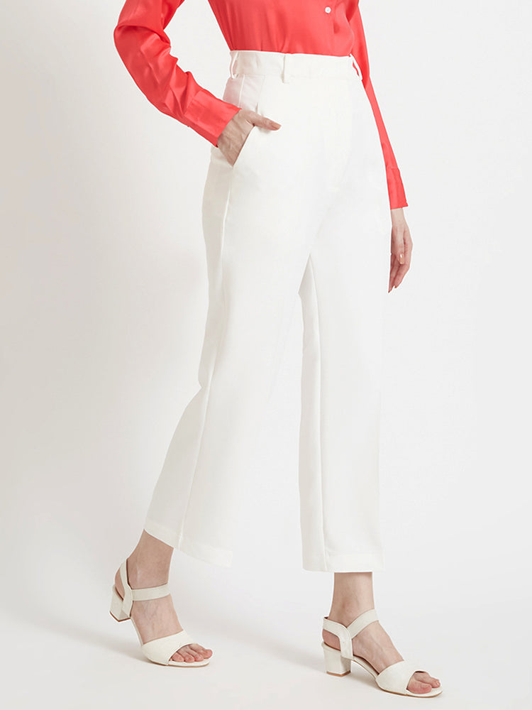 Women'S Luxury Banana Crepe Off White Straight Fit Flap Pocket Trouser