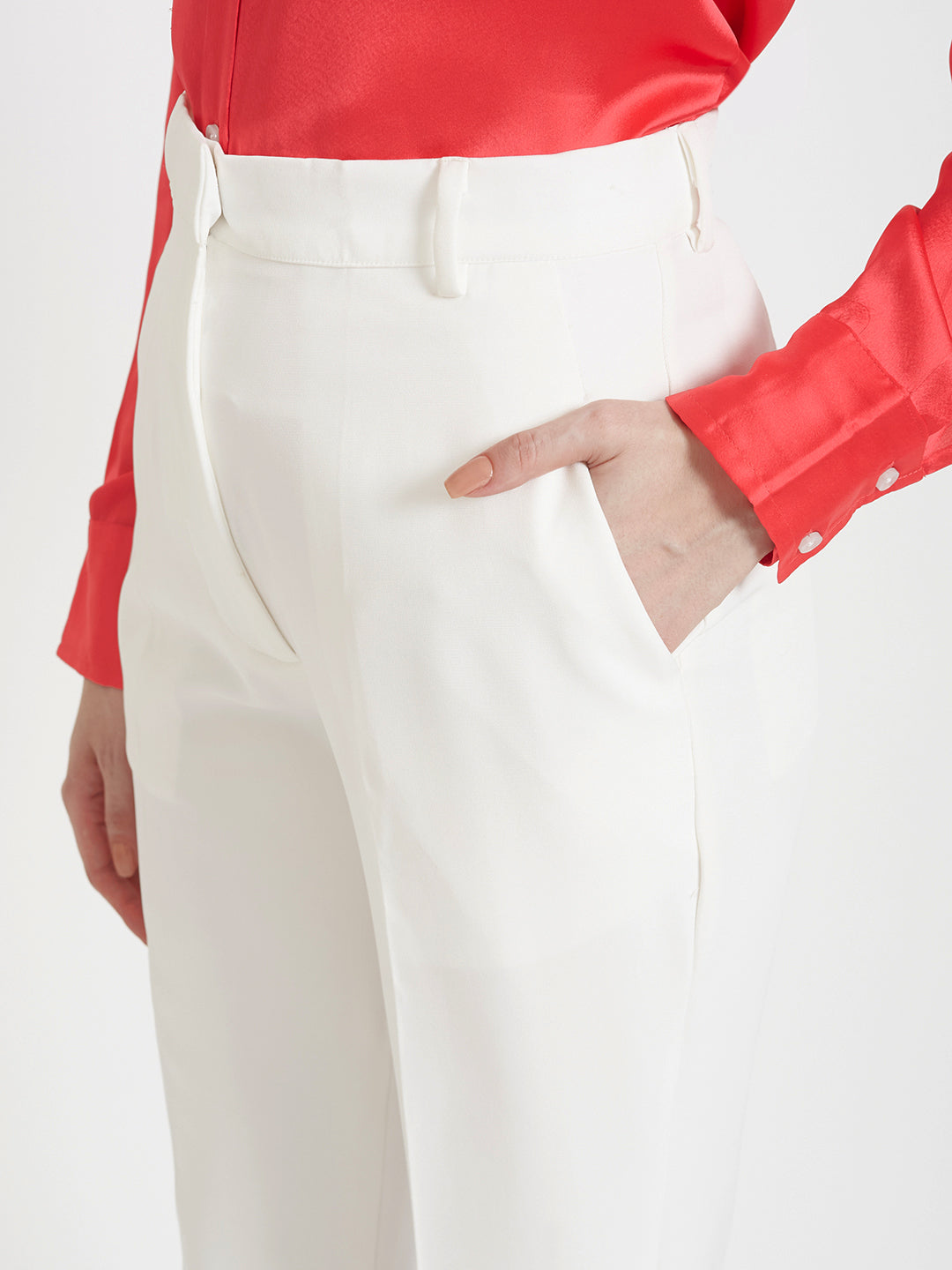 Women'S Premium Ruby Pink Regular Fit Solid Satin Shirt With White Straight Fit Trouser