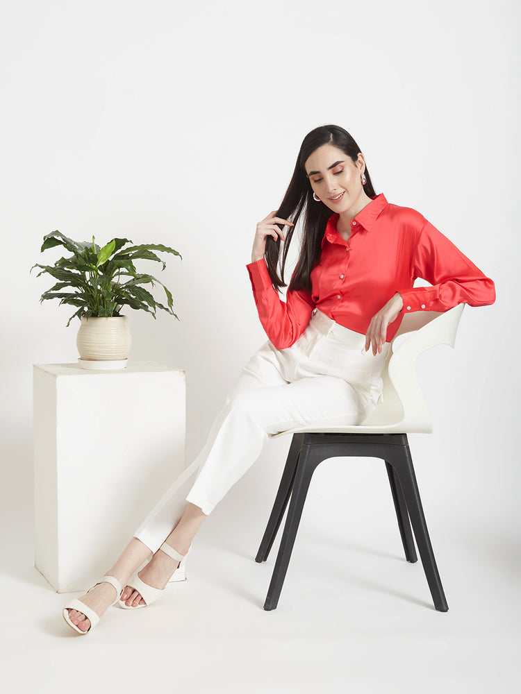 Women'S Premium Ruby Pink Regular Fit Solid Satin Shirt With White Straight Fit Trouser