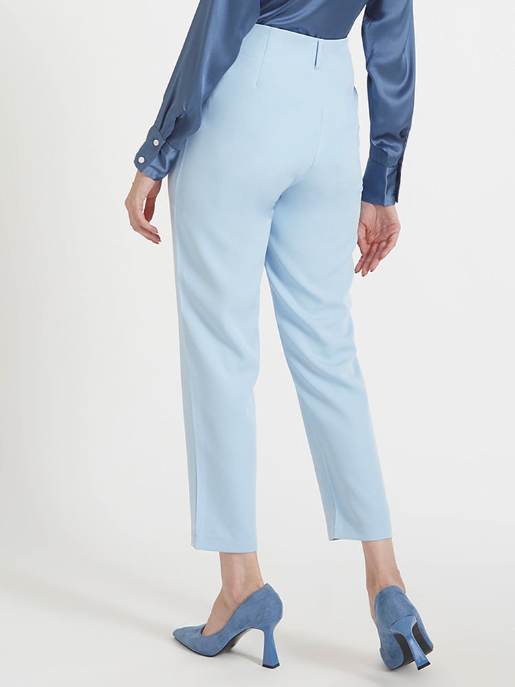 Women'S Luxury Banana Crepe Ice Blue Skin Fit Multi Pleated Trouser