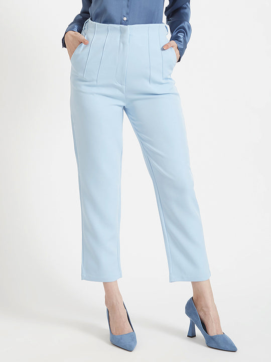 Women'S Luxury Banana Crepe Ice Blue Skin Fit Multi Pleated Trouser