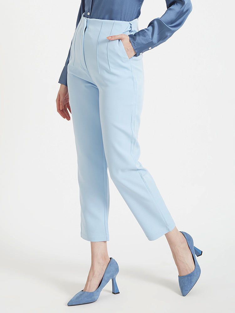 Women'S Luxury Banana Crepe Ice Blue Skin Fit Multi Pleated Trouser