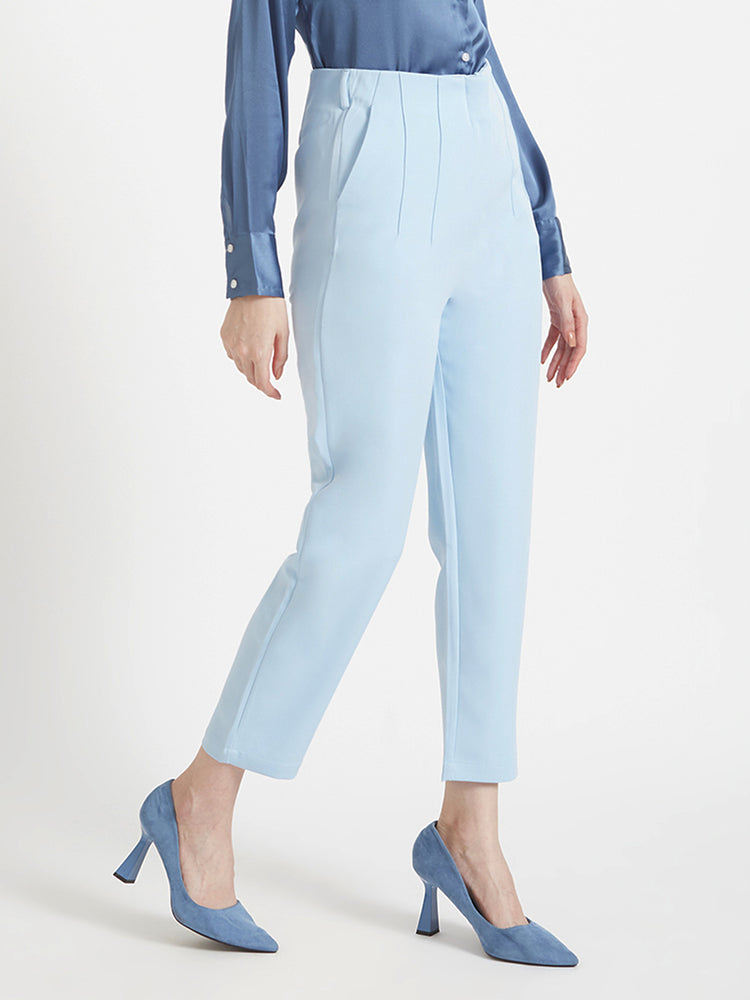 Women'S Luxury Banana Crepe Ice Blue Skin Fit Multi Pleated Trouser