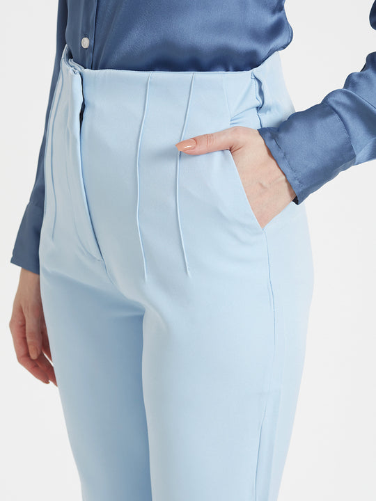 Women'S Luxury Banana Crepe Ice Blue Skin Fit Multi Pleated Trouser