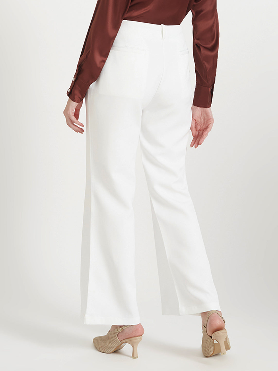 Women'S Luxury Banana Crepe Off White Flared Trouser Slash Pocket