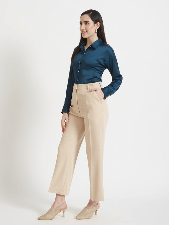 Women'S Premium Deep Teal Regular Fit Solid Satin Shirt With Beige Flared Fit Trouser
