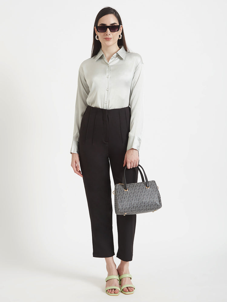 Women'S Premium Steel Grey Regular Fit Solid Satin Shirt With Black Pleated Trouser