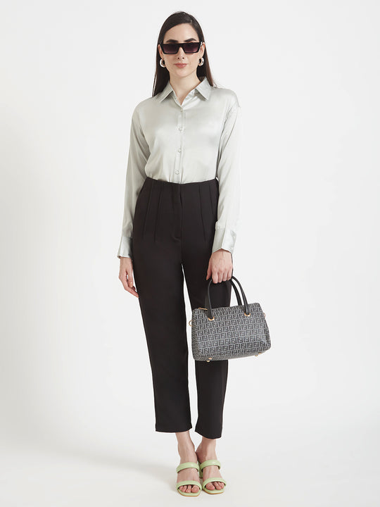 Women'S Premium Steel Grey Regular Fit Solid Satin Shirt With Black Pleated Trouser