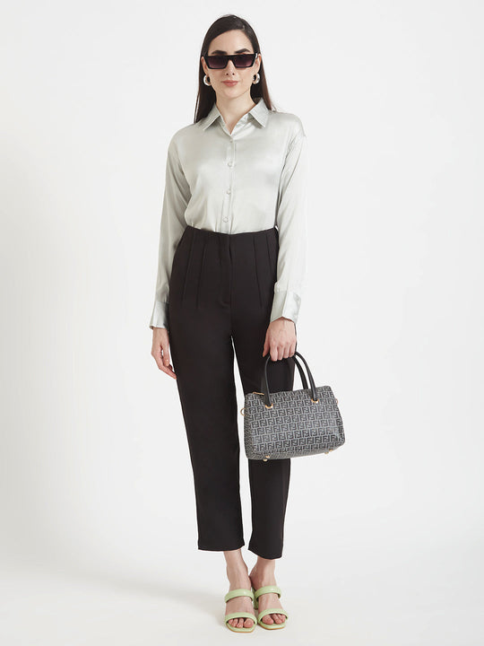 Women'S Luxury Banana Crepe Black Skin Fit Multi Pleated Trouser