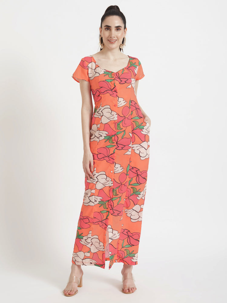 Luxury Cambric Digital Print Front Slit Body Con Dress With Slash Pocket