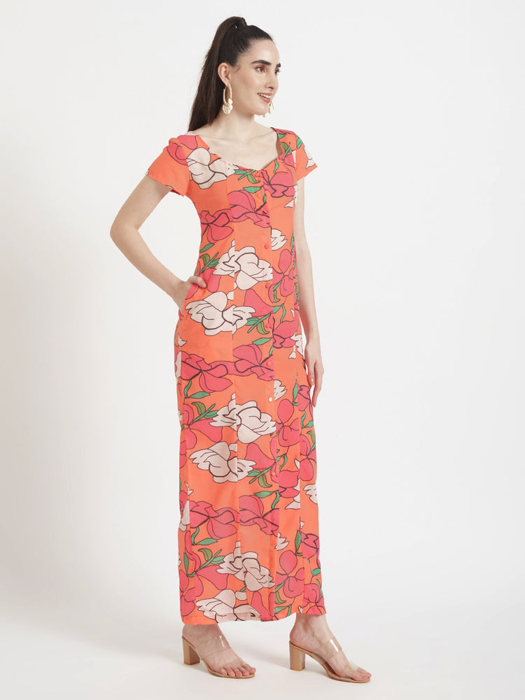 Luxury Cambric Digital Print Front Slit Body Con Dress With Slash Pocket