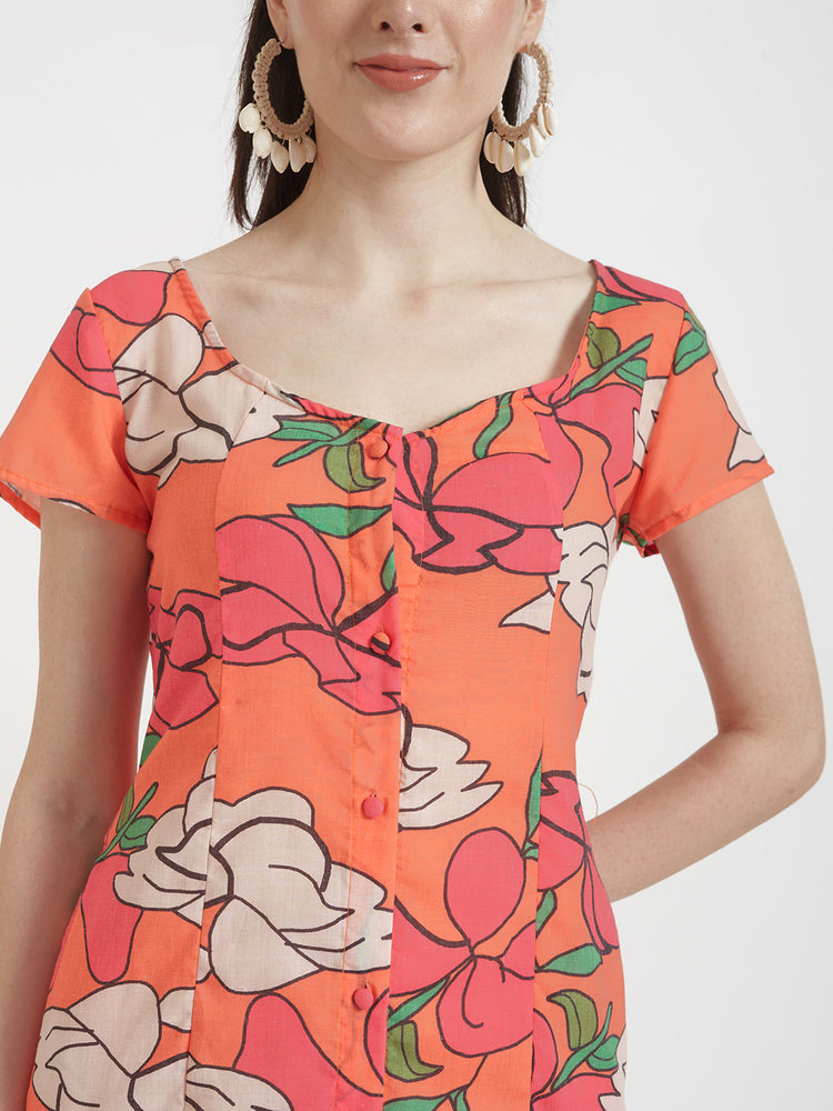 Luxury Cambric Digital Print Front Slit Body Con Dress With Slash Pocket