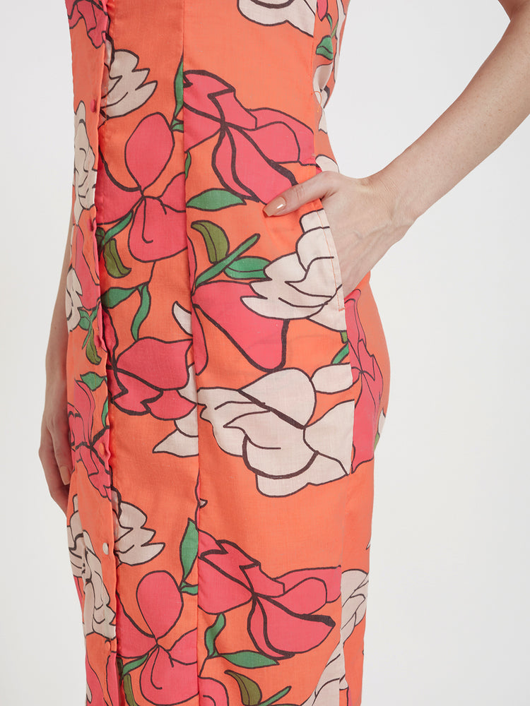 Luxury Cambric Digital Print Front Slit Body Con Dress With Slash Pocket