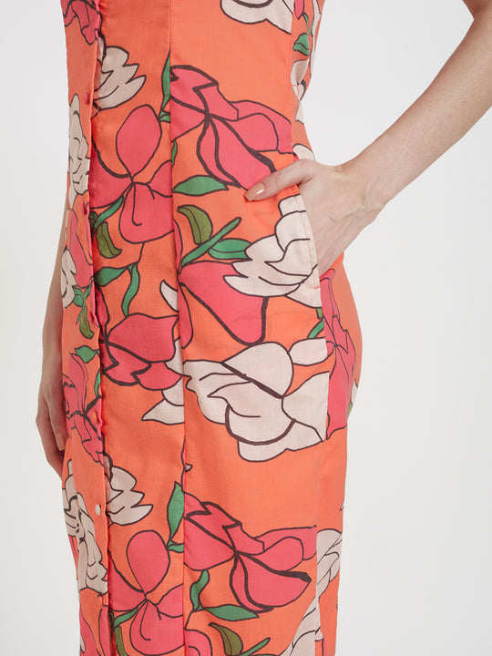 Luxury Cambric Digital Print Front Slit Body Con Dress With Slash Pocket